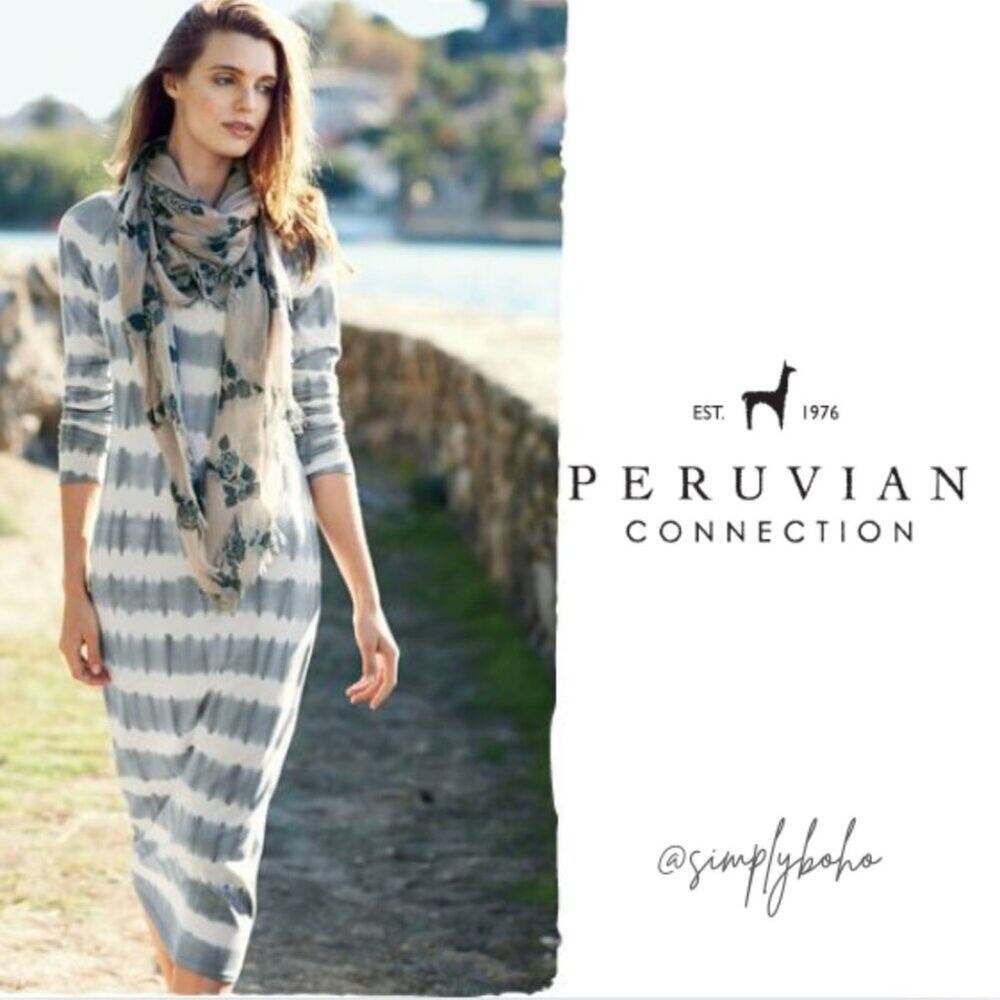 NWOT Peruvian Connection Beachcomber Dress Gray and White Long Sleeve SIZE LARGE